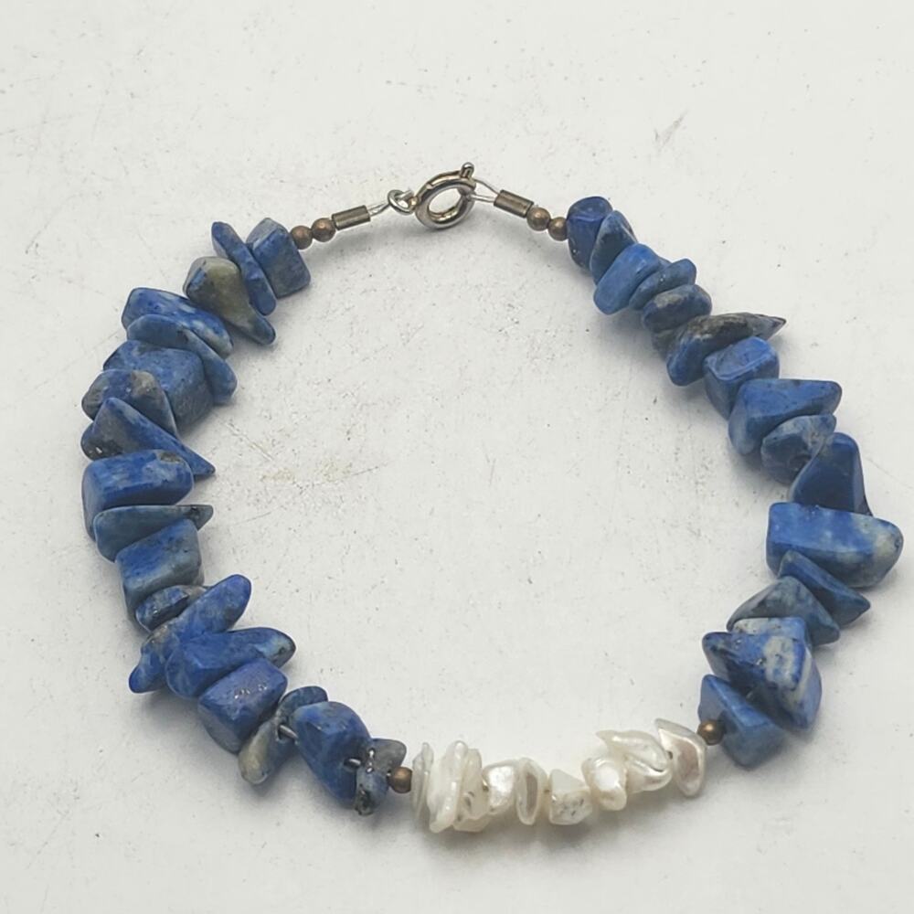 Lapis Lazuli Mother Of Pearl Shell Bracelet Blue White Chip Nugget Stone 6.5 In